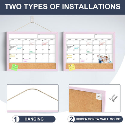 Calendar Whiteboard for Wall, TANKEE 17x13 Inches Whiteboard Calendar Cork Board Combo, Small Magnetic White Board with Wood Framed, Hanging Dry Erase Board for Kitchen Home Office School Planner