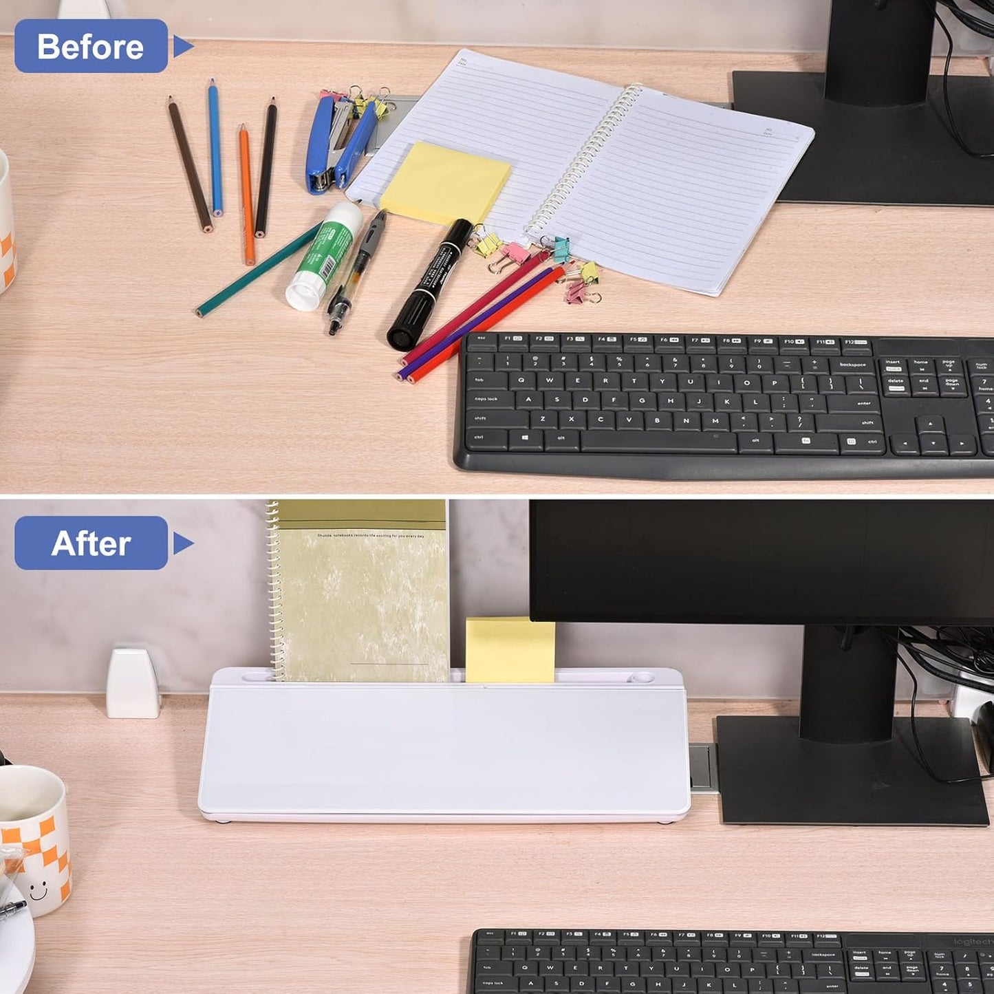 PATIKIL Dry Erase Desktop Glass Whiteboard, Quick Notes Pad, Write Quick Sticky Notes for Desk Computer Keyboard Stand with Storage Caddy for Working Home Office, Studying, White