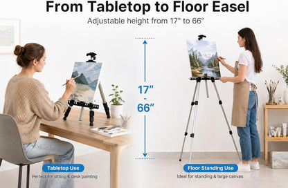 Art Easel Stand for Painting and Sign - RRFTOK 17 to 66 Inch Adjustable Aluminum Tripod Easels for Display, Portable Canvas and Poster Stand with Carry Bag for Beginners, Students and Classroom Use