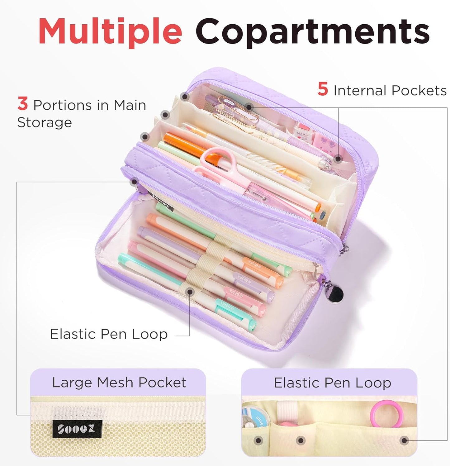 Sooez Large Pencil Case Pouch, Extra Big Pencil Bag with 8 Compartments, Pen Bag Wide Opening, Soft Quilted Pencil Pouch Organizer with Zipper, Portable Pencil Case for Teen Girls, Pink