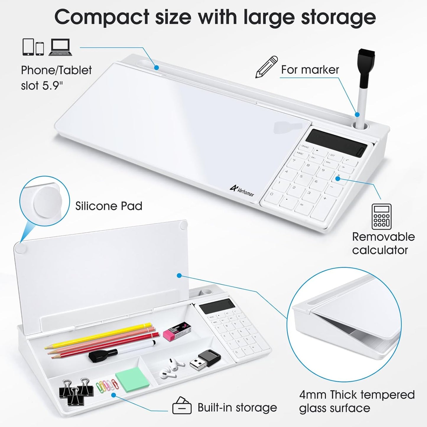 Varhomax Glass Weekly Planner Desk White Board, Desktop Calendar Whiteboard with Storage, to Do List Memo Caddy for Home Office and School Supplies, Black