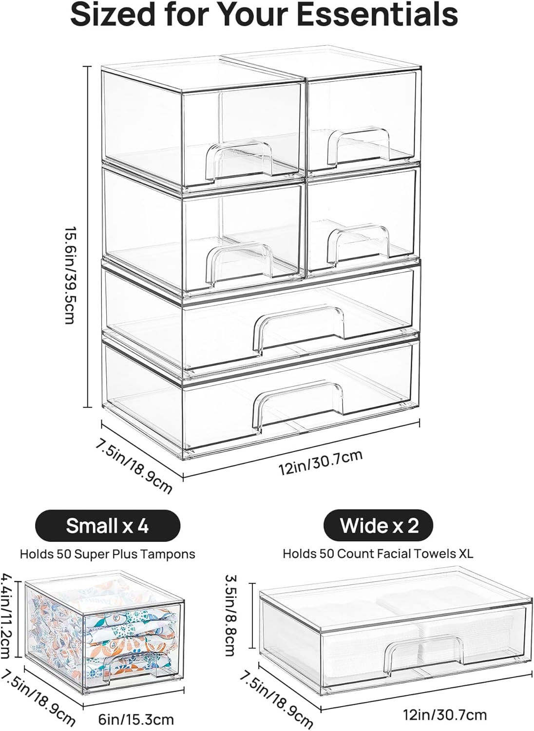 Vtopmart Stackable Storage Drawers Set of 3,Clear Plastic Organizer Bins for Makeup, Cosmetics, Beauty Supplies,Ideal for Vanity, Bathroom,Cabinet,Pantry Organization