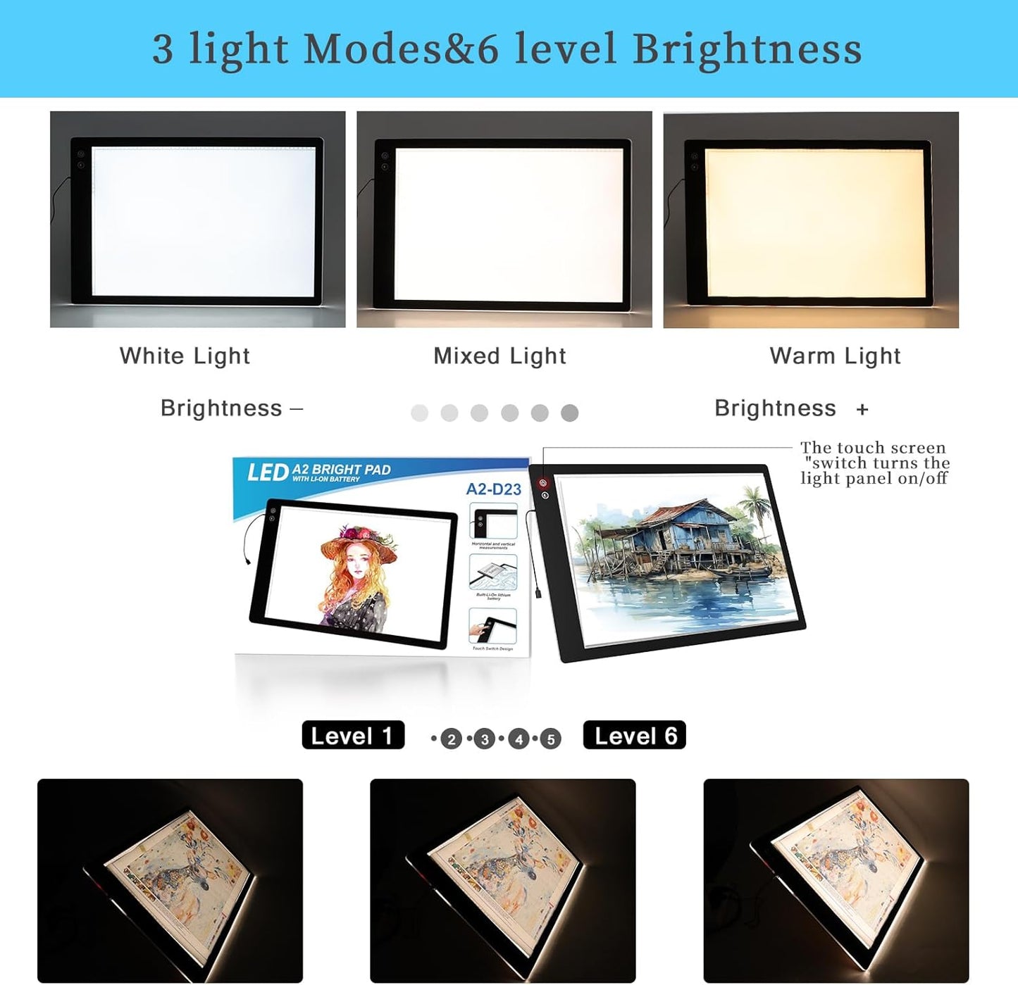 PICOVISTA Rechargeable A3 Diamond Art Light Board,Super Bright Tracing Light Box,6 Levels Brightness with 3 Colors Mode, Wireless LED Pad for Diamond Painting,Weeding Vinyl,Sketching & Drawing