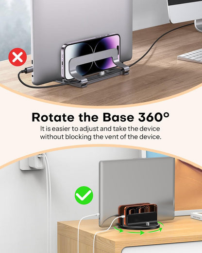 OMOTON VL04 360° Rotating Vertical Laptop Stand Holder, Aluminum Dual-Slot Desk Organizer for MacBook & iPad, Sides Knob Adjustment (No Lost Screws), Holds Laptop, Tablet & Keyboard, Fits up to 17.3"
