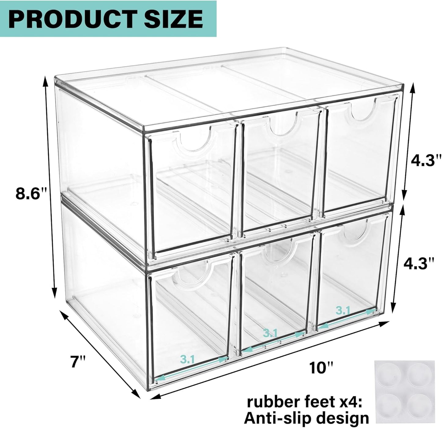 Prsildan Acrylic Drawer Makeup Organizer with 6 Drawers (Not for Baby Bottle), Set of 2 Office Desk Organizers Accessories, Clear Stackable Storage Drawers for Vanity, Craft (Largest Drawer 4" Tall)