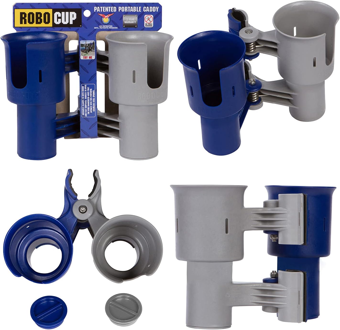 ROBOCUP, (White), Patented Clamp On Boat Cup Holder |Multifunction Dual Drink Caddy for Fishing Poles, Tools, Net, Gaff |Portable Storage for Boating, Beach, Umbrellas, Golf Carts, Strollers