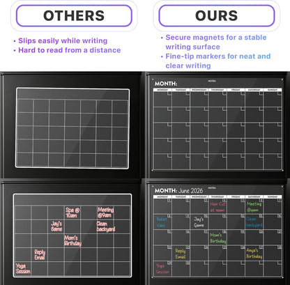 Magnetic Whiteboard for Fridge - Large Dry Erase Calendar for Wall | 2 Magnetic Dry Erase Board 10.5" x 16.5" & 7" x 16.5", Monthly Goal Setting & Habit Tracker, 5 Markers and 6 Adhesive Hooks