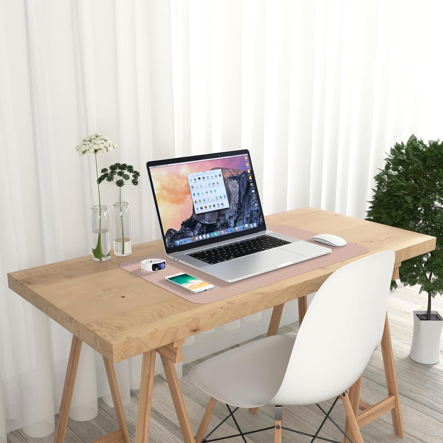 Hsurbtra Desk Pad, 23.6" x 13.8" PU Leather Desk Mat, M Extended Mouse Pad, Waterproof Desktop Blotter Protector, Non-Slip Ultra Thin Small Laptop Keyboard Writing Mat for Office Home, Pink