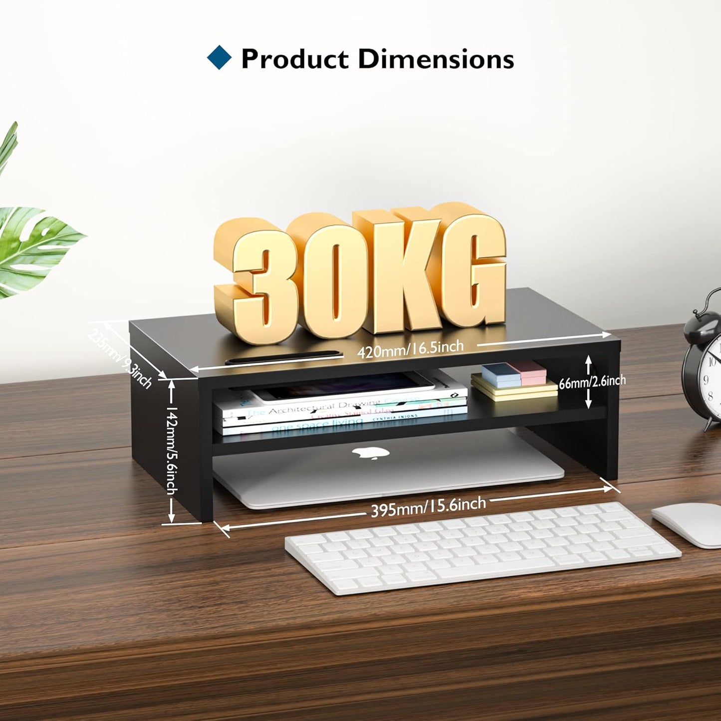 BONTEC Wooden Monitor Stand Riser for Desk, 2-Tier Computer Monitor Stand with Storage, 66 lbs Desk Shelf Organizer, Laptop & Printer Stand with Phone Holder and Cable Management, White, 16.5 Inch
