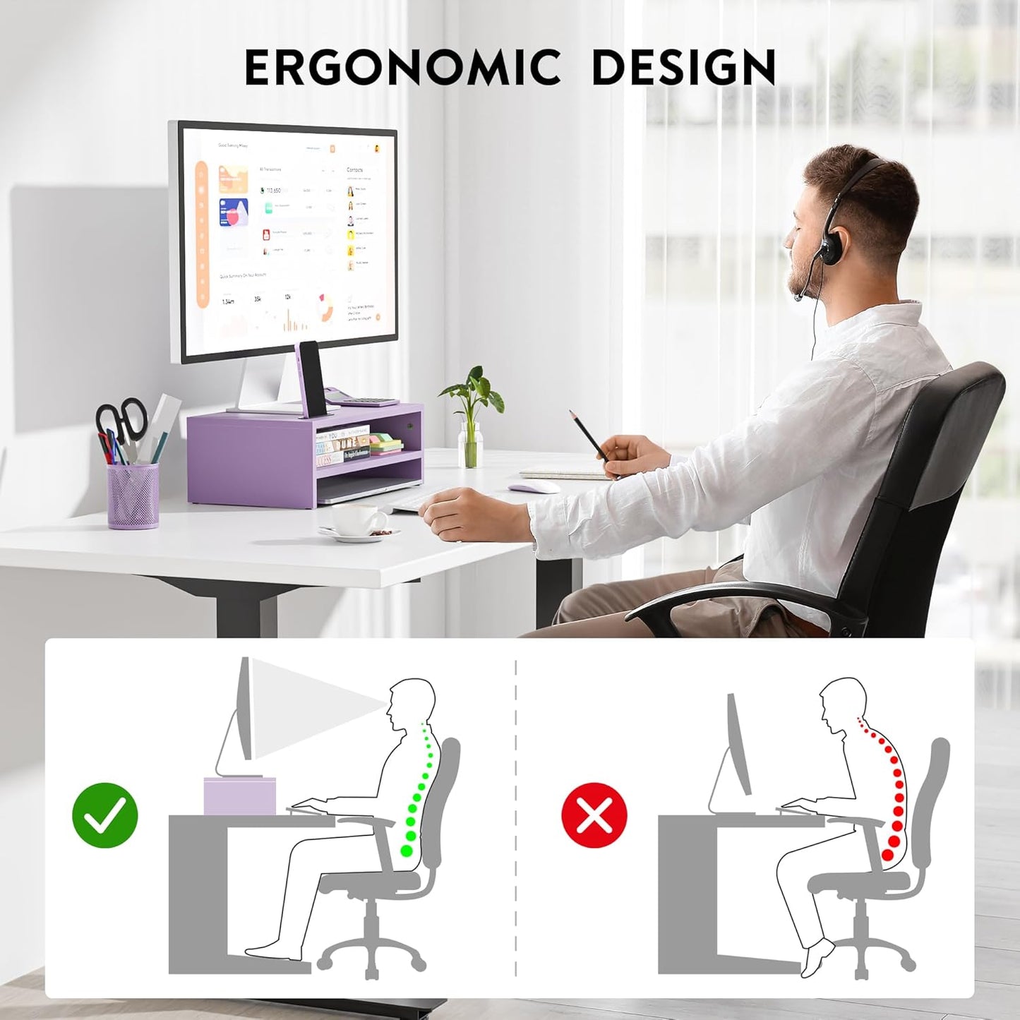 BONTEC Wooden Monitor Stand Riser for Desk, 2-Tier Computer Monitor Stand with Storage, 66 lbs Desk Shelf Organizer, Laptop & Printer Stand with Phone Holder and Cable Management, White, 16.5 Inch