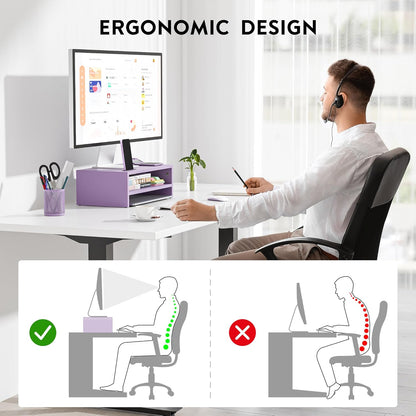 BONTEC Wooden Monitor Stand Riser for Desk, 2-Tier Computer Monitor Stand with Storage, 66 lbs Desk Shelf Organizer, Laptop & Printer Stand with Phone Holder and Cable Management, White, 16.5 Inch