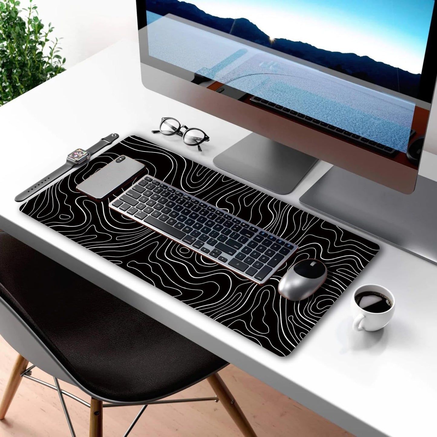 HGWALP Black Topographic Large Gaming Mouse Pad Extended XXL(900 * 400 * 3MM) Mouse Mat Long Desk Pad with Stitched Edges for Keyboard Home Office Gaming Work Big Desk Mat