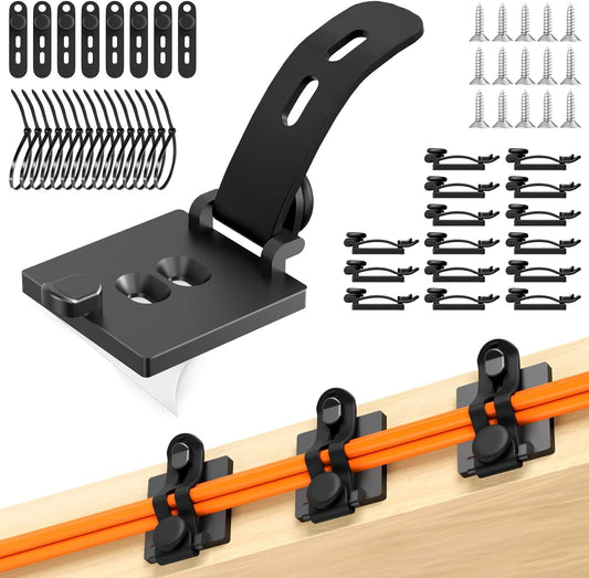 Kanemc Cable Clips Management Kit, 15 Cable Holder With Silicone Cord Ties, 15 Nylon Zip Tie, Extra 15 Screws & 8 Adjustable Cable Straps For Workspace Organizers Computer TV Under Desk Wire Setup
