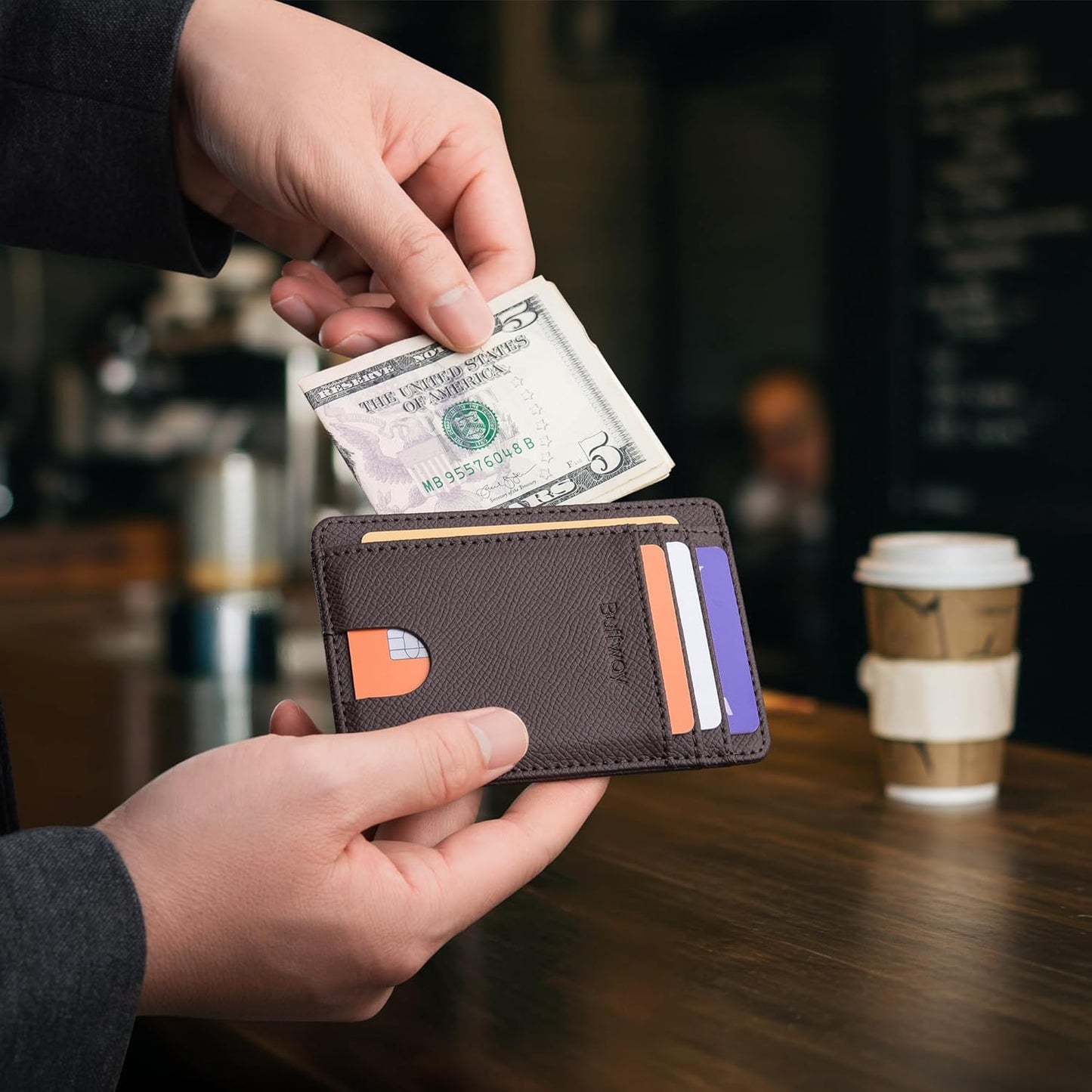 Buffway Slim Minimalist Front Pocket RFID Blocking Leather Wallets for Men and Women - Carbon Fiber Black - Colors B