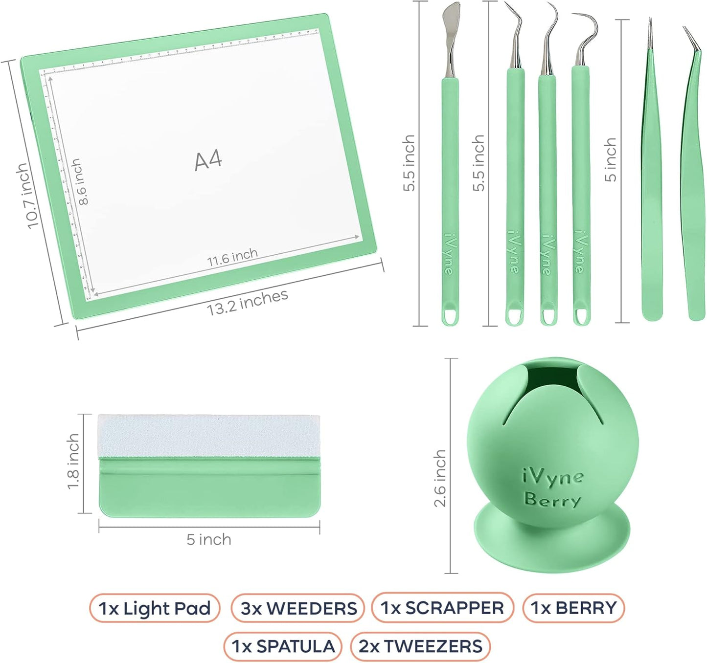 iVyne Complete Set Rechargeable A4 Light Pad, Weeding Tools for Vinyl, Scrap Collector for Cricut and Silhouette Machines for Every Tracing, Drawing Projects (Green)