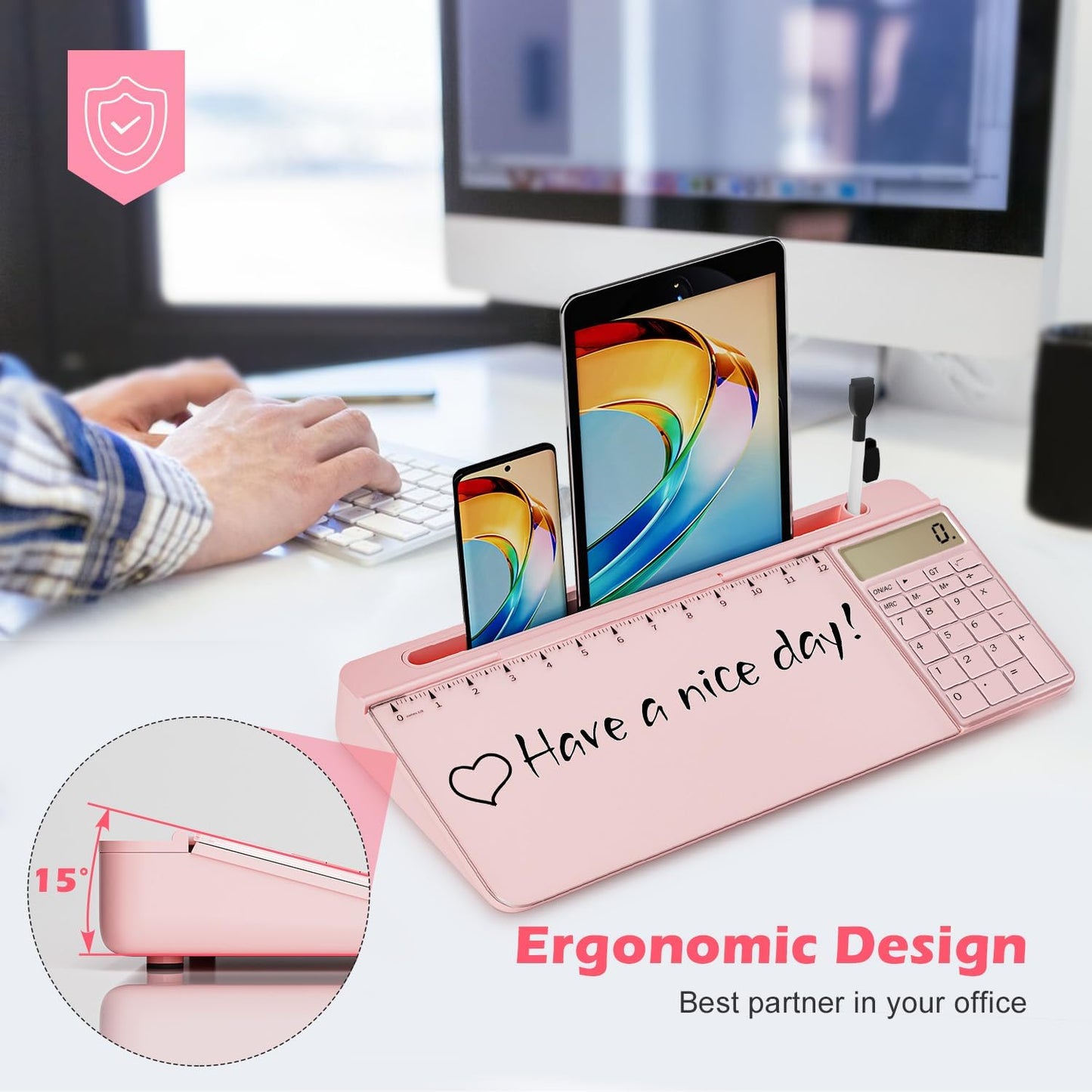 Desktop Glass Whiteboard with Mirror & Calculator(12 Digit LCD Display) & Ruler Marker,Tilted Computer Keyboard Stand with Dry Erase Board Surface, Desk Organizers with Accessories,Black