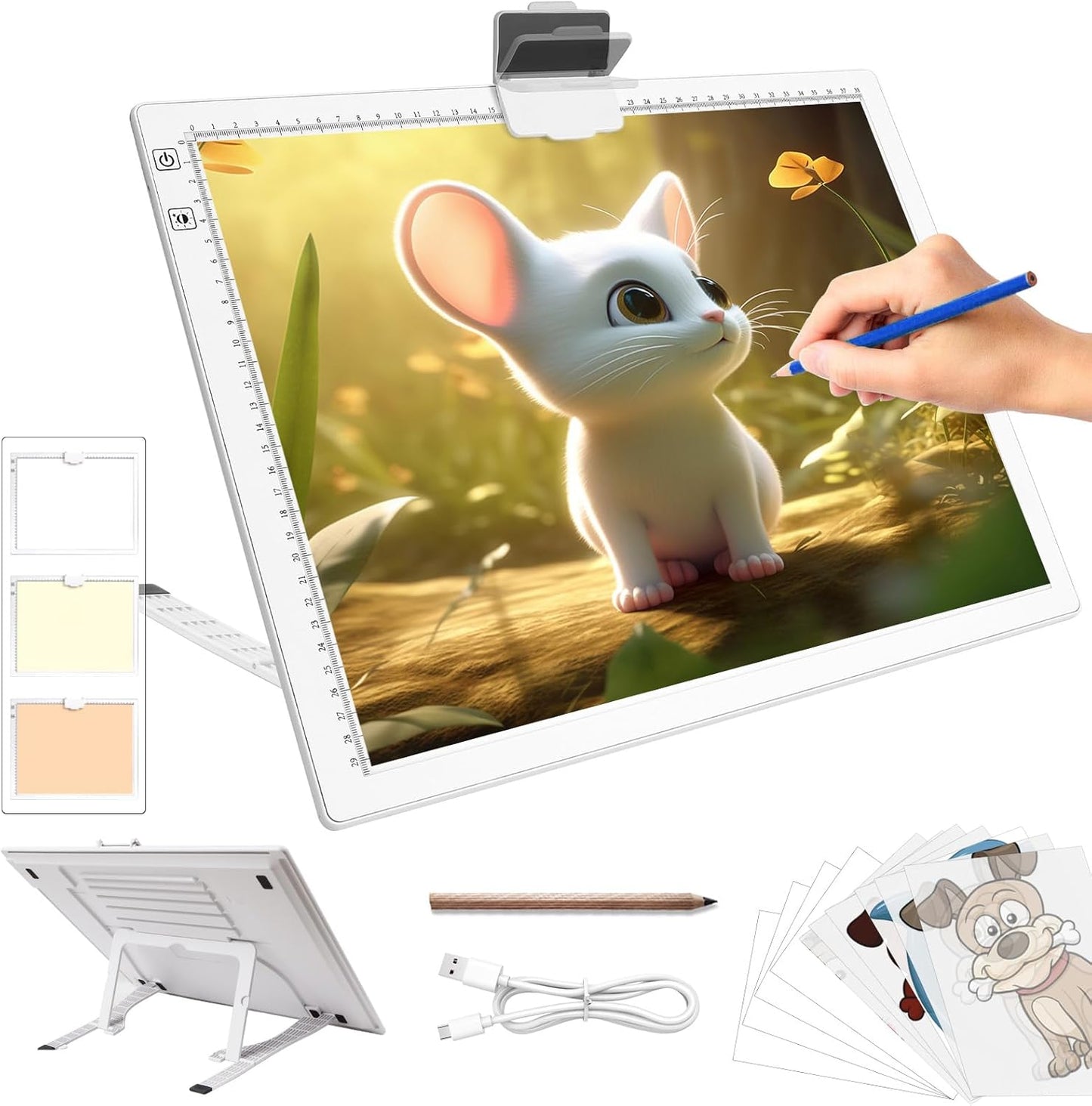 Rechargeable A4 Light Pad - Stepless Dimmable 6 Levels Brightness Tracing Light Box, Diamond Painting Light Board with Top Clip, Battery Powered Portable Light Pad for Weeding Vinyl Tracing