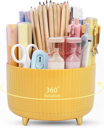 SKYDUE 360 Rotating Plastic Desk Pen Organizer with 5 Slots, Dual-Purpose Art Supply Pencil Cup for Office, School, Home