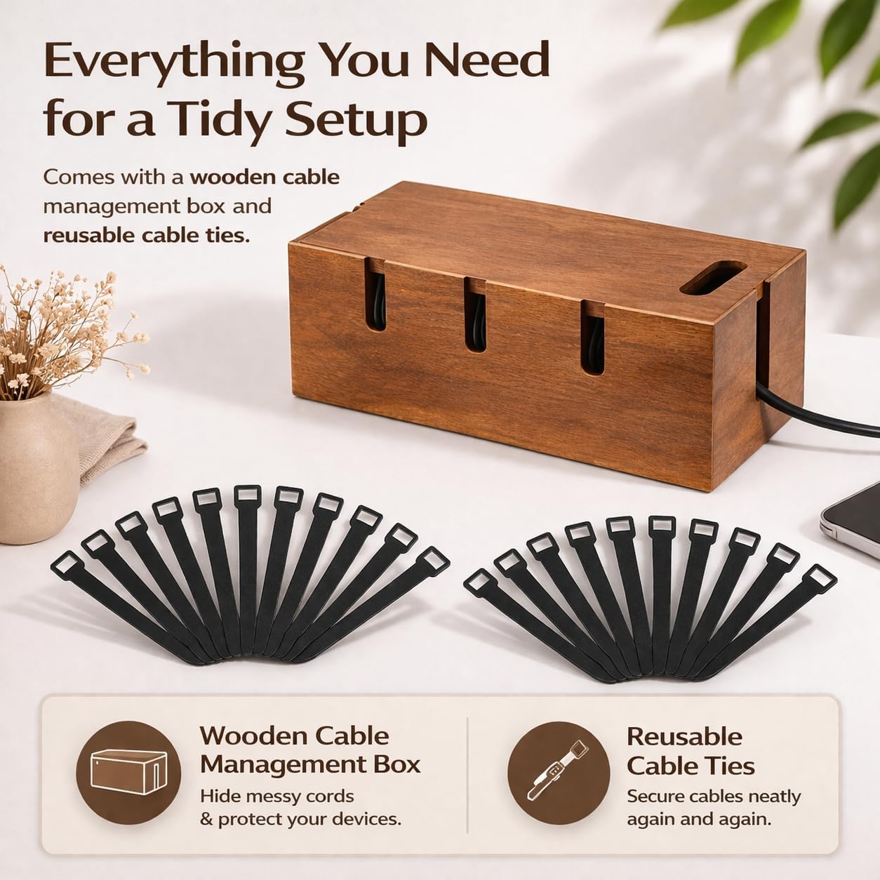Wood Cable Management Box for Desk & TV – Cable Organizer Box to Hide Cords, Power Strips & Chargers, Decorative Cord Hider, Includes 20 Reusable Cable Ties