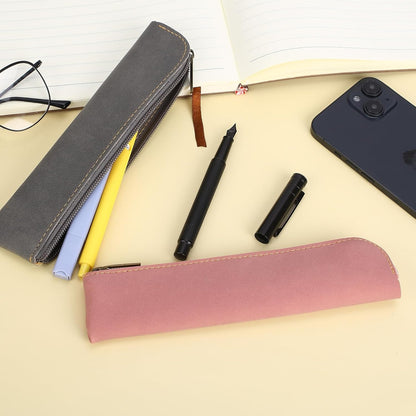 Psyqtsuary Leather Pencil Case, 2 Pcs Slim Small Pencil Pouch Portable Flat Pen Pouch with Zipper Simple Makeup Bag Lipstick Case for Women Men Home, Office, Travel Outdoor (Black, Claret)