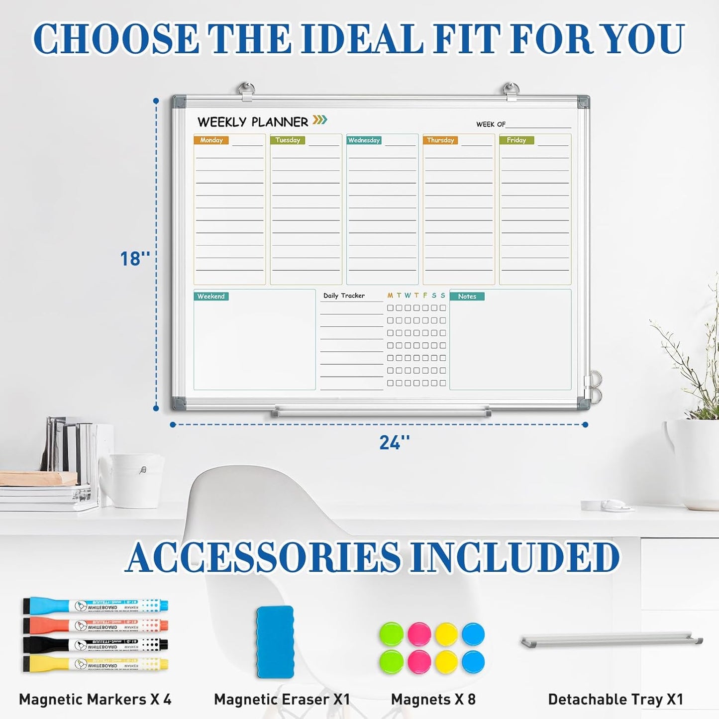 WALGLASS Weekly Dry Erase Calendar Whiteboard for Wall, 24" x 18" Double-Sided Weekly Planner White Board with Notes, Daily Tracker, Aluminum Framed Hanging & Wall Mount for Home, Office, School