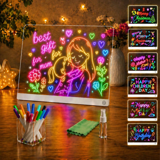 LED Drawing Board for Kids Teens Age 3-12, A4 LED Glow Doodle Note Board with USB-C, 7 Colors & 2 Modes, Scratch-Resistant Acrylic, 12 Markers & Stand – Back to School Birthday Gifts for Girls Boys