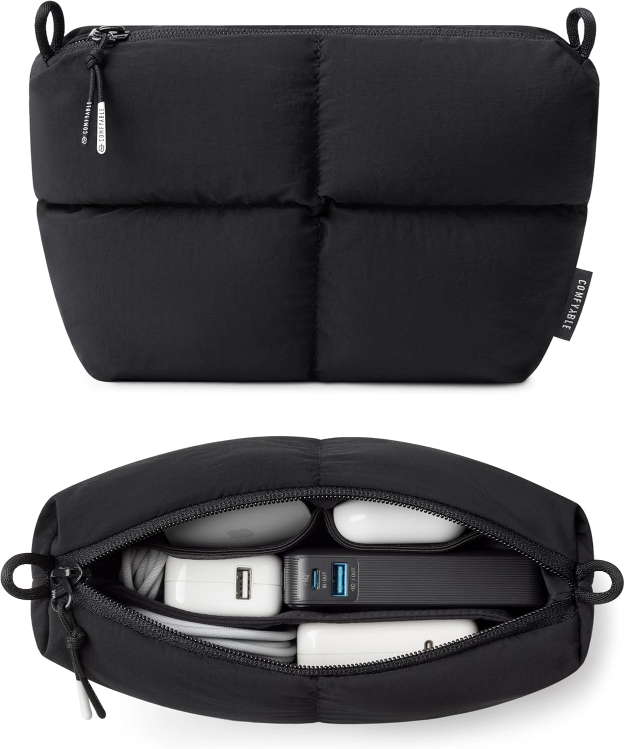 Comfyable Puffy Electronics Organizer Travel Case, Cute Tech Pouch for Women Men, Cable Storage Bag for Charger, Phone, Power Bank, Cord, Compact Tech Accessories Pouch, Rice
