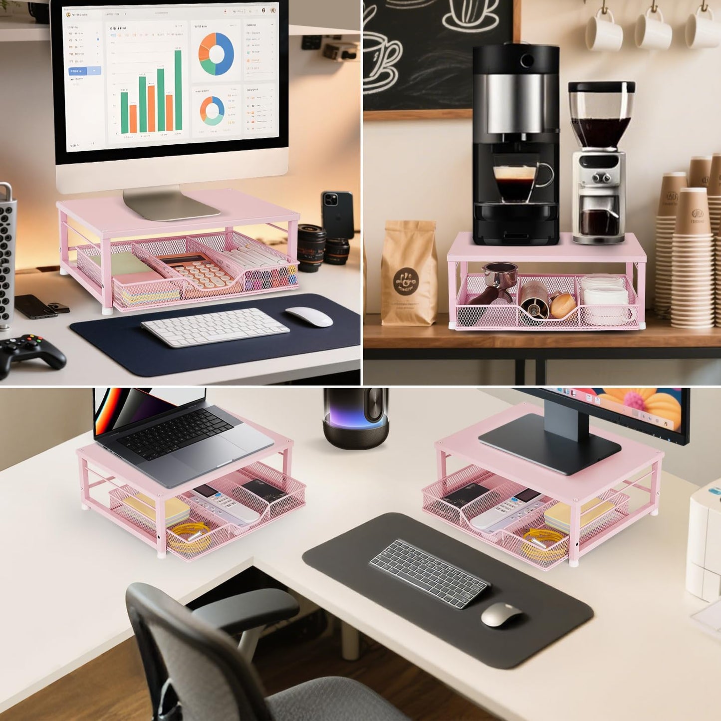 Wood Metal Monitor Stand Riser, Laptop Stand for Desk, Office Desk Organizer and Accessories, Computer Desktop Shelf with Drawer and Pen Holder, Printer Stand for Home, Office, Dorm (Natural Wood)