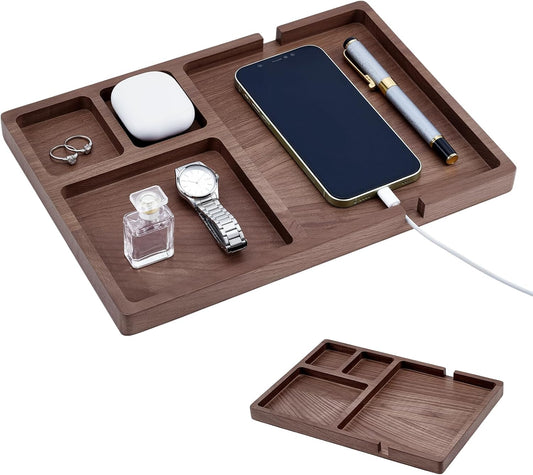 4 Piece Wooden Desk Organizer Tray With Pen Holder, Walnut Wood Pencil Holder, Minimalist Desk Accessories, Mens Valet Tray Office Supplies, Stationery Pen Key Wallet Catchall Trays