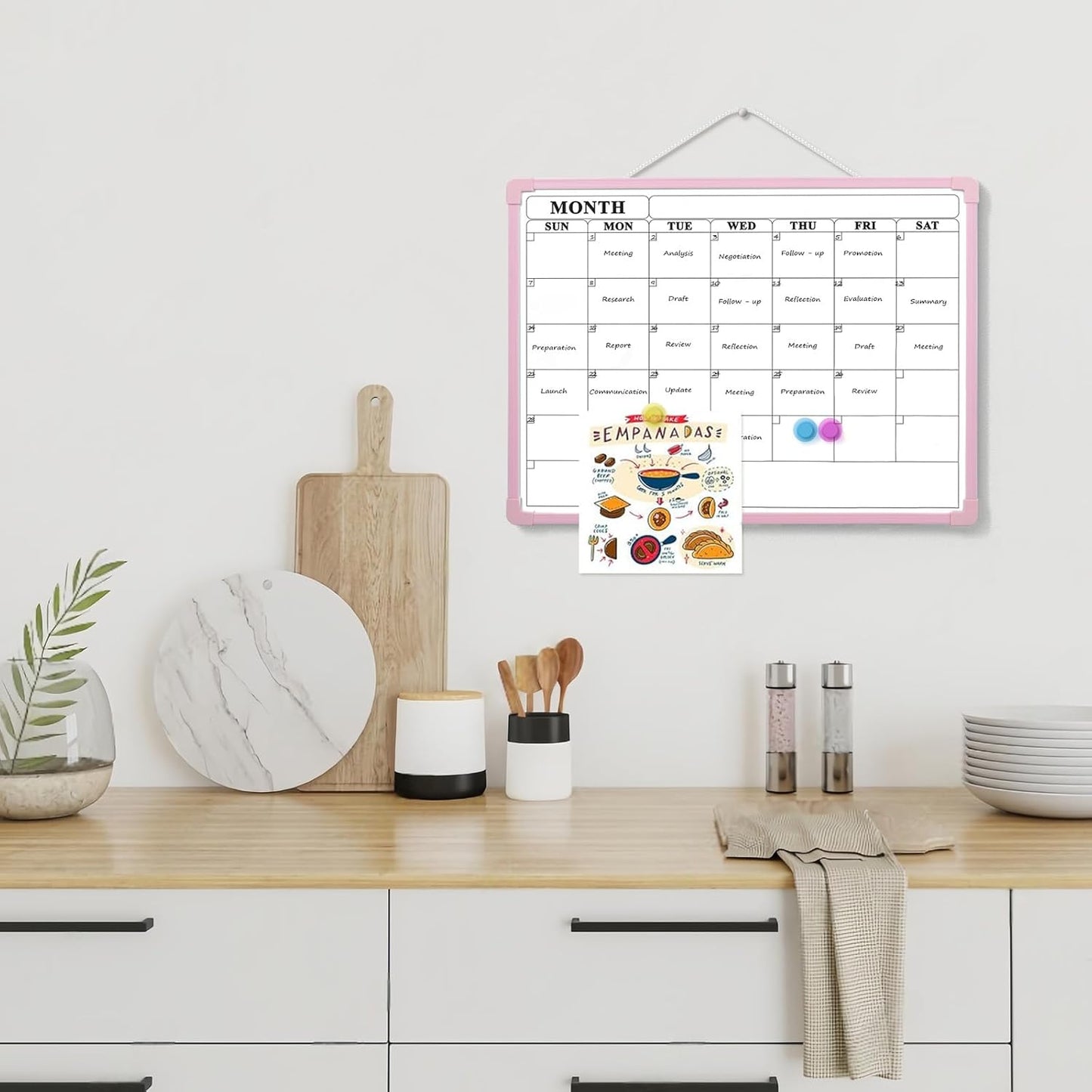 Monthly Whiteboard Calendar for Wall, Small 16" x 12" Dry Erase Board with Plastic Frame, Hanging Dry Erase Calendar with 3 Mini Sticky Notes for Kitchen Planner, Memo, Home and Office