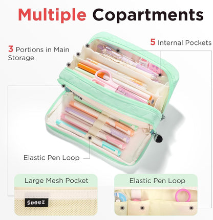 Sooez Large Pencil Case Pouch, Extra Big Pencil Bag with 8 Compartments, Pen Bag Wide Opening, Soft Quilted Pencil Pouch Organizer with Zipper, Portable Pencil Case for Teen Girls, Pink