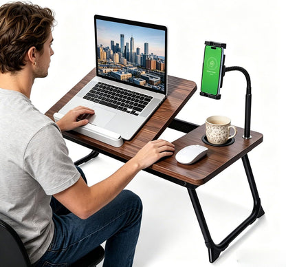 Foldable Lap Desk for Bed and Sofa, Portable Laptop Desk with Gooseneck Phone Stand, Cup Holder & Mouse Pad Extension, Extra Large Bed Desk Tray fits up to 17" Laptops (Walnut)