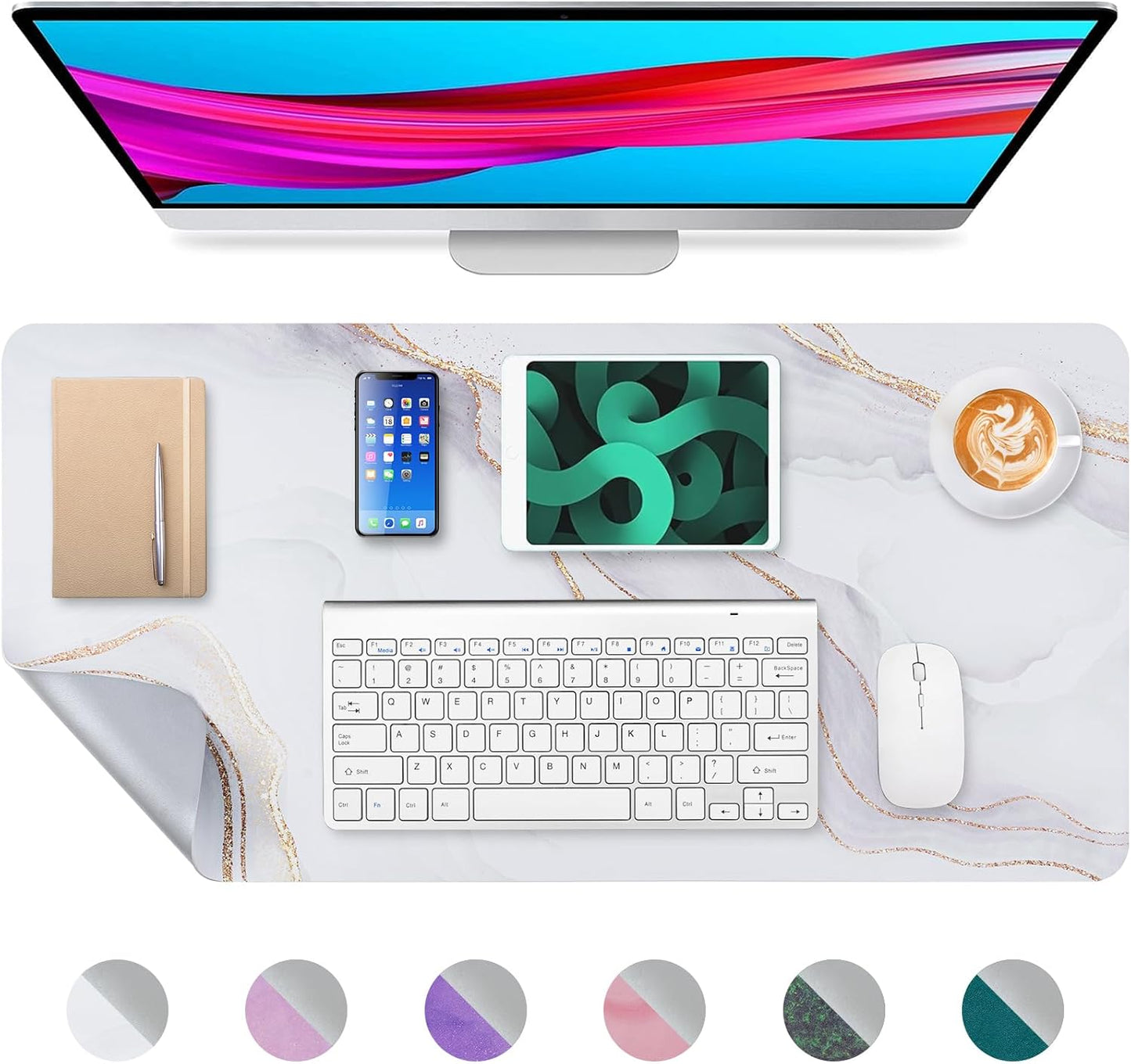 Dual-Sided Desk Pad, Large Mouse Pad - Natural Cork & PU Leather Non-Slip Waterproof Desk Mats for Office and Home (Blue, 31.5" x 15.7")