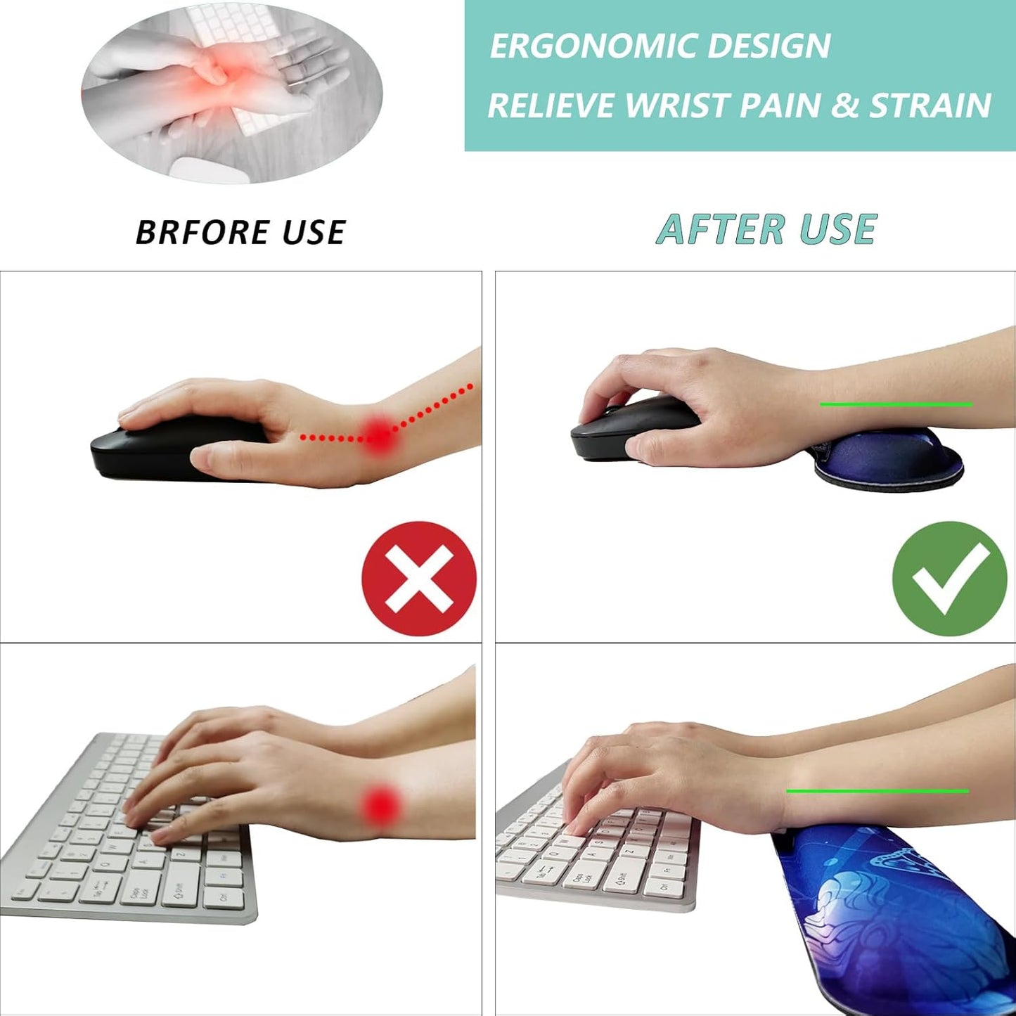 Keyboard Wrist Rest Mouse Wrist Support Set, Memory Foam Wrist Rest Pad for Computer Laptop Keyboard Mouse, Ergonomic Wrist Cushion Support for Typing Pain Relief, Gaming Home Office, Flowers Grass