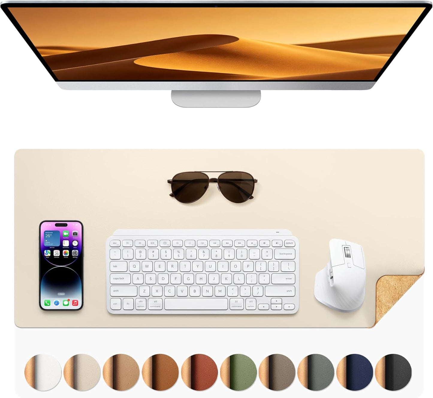 Aothia Dual-Sided Desk Pad - 25.6x13.7 inches Leather Desk Mat, Natural Cork Desk Pad Protector, Large Mouse Pad for Desk, Waterproof Desk Blotter Pad, Desk Writing Pad for Office Work/Home, Black