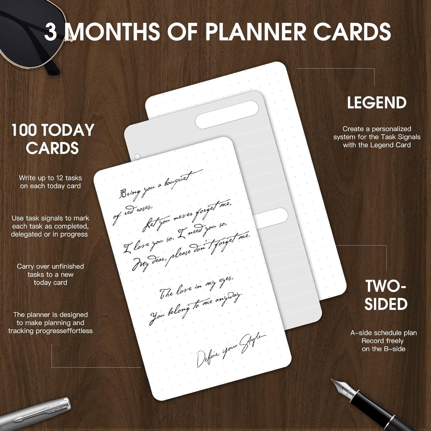 Daily To Do List Planner, Daily ToDo Checklist Cards and black Walnut Stand,50 Checklist Cards-Perfect NotePads for Work Desk or School，Productivity System Planners Notebook for Office Accessories