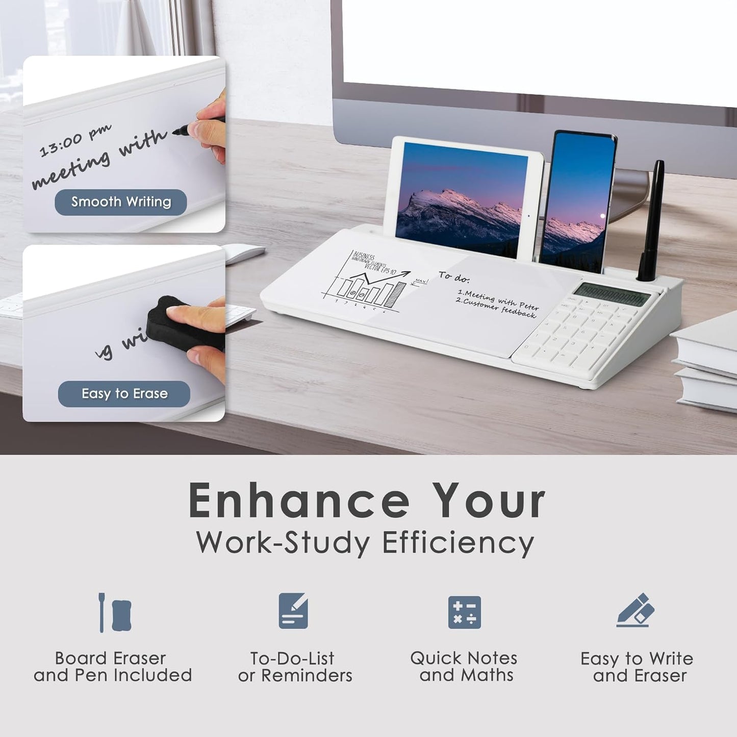 SHANTRA 16'' x 7'' Desktop Whiteboard with Fast Charger Station & Adjustable LED Lamp, Pink Desk Dry Erase Board with Organizer, Computer Pad & Keyboard Stand for Home, School, Office Desk Accessories