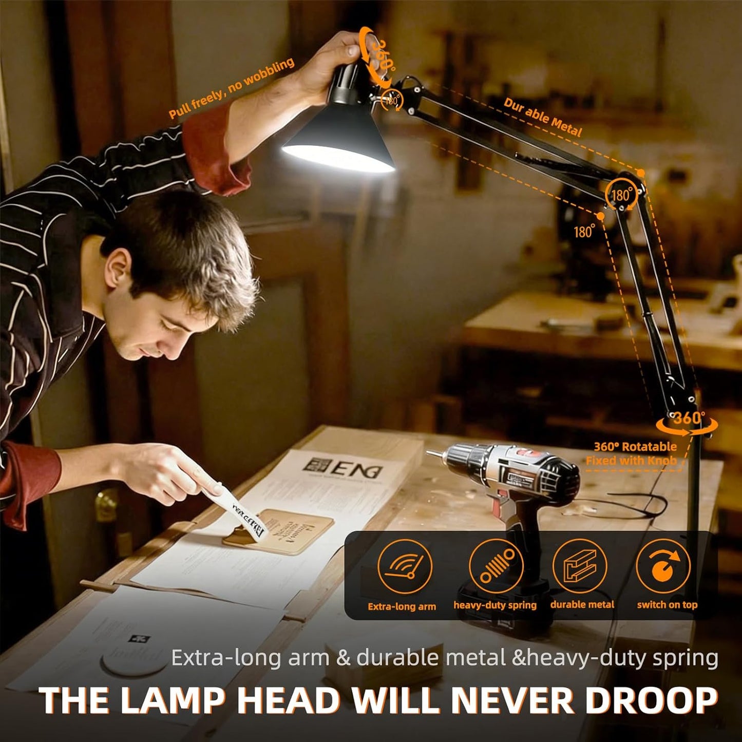 Desk Lamp With Clamp for Home Office, Eye-Caring Clip on Light with Adjustable Extra Tall Metal Swing Arm, High Intensity Clamp Lamp w/LED Bulb, Architect Task Table Lamps for Study, Workbench-B/5000k