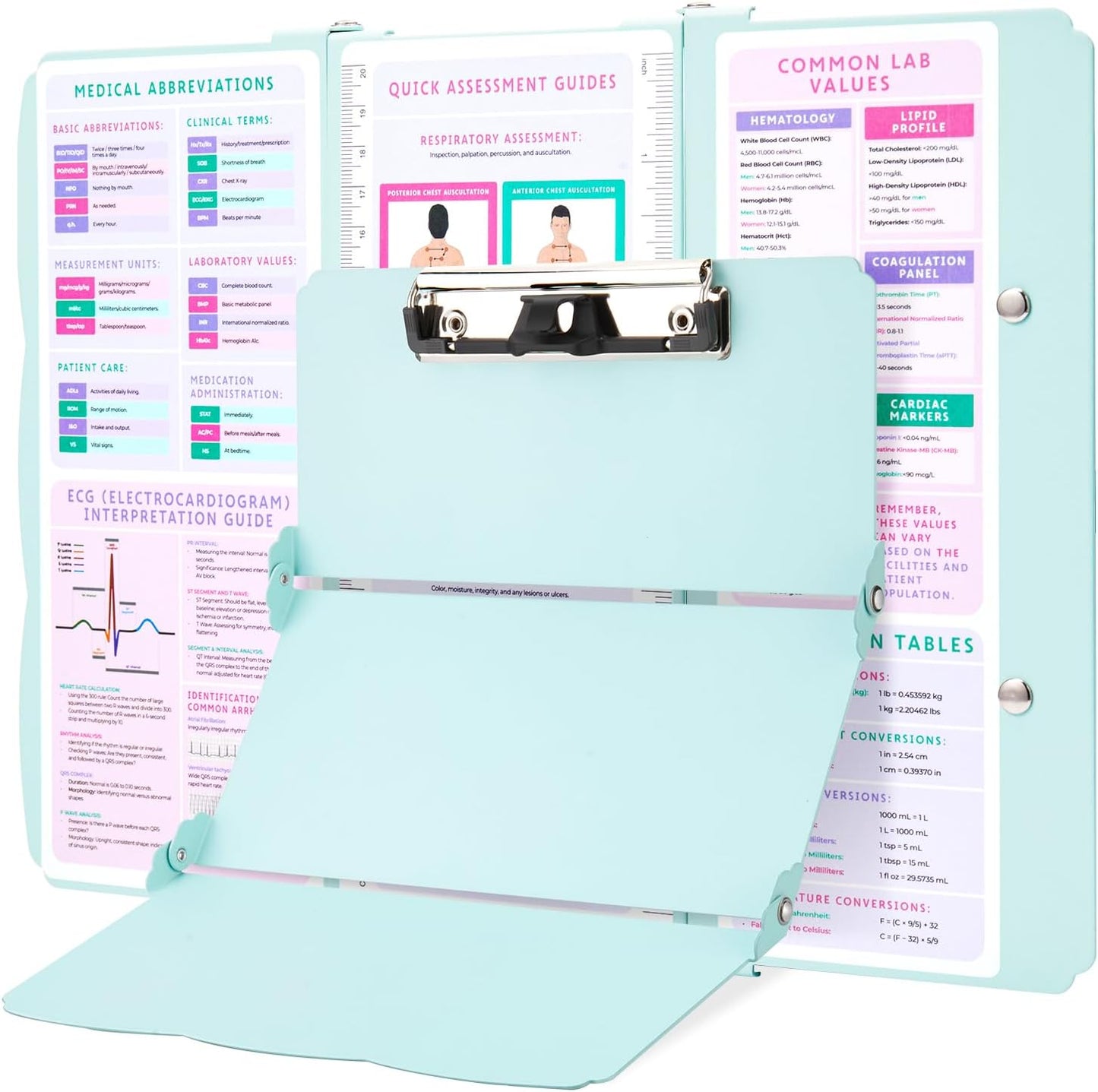 Nursing Clipboard Foldable, Thicken Aluminum Trifold Nursing Clipboard, Nursing Pocket Size Nurse Clipboards with Pen Holder, Nursing Edition Cheat Sheet for Students, Nurses and Doctors, Mint