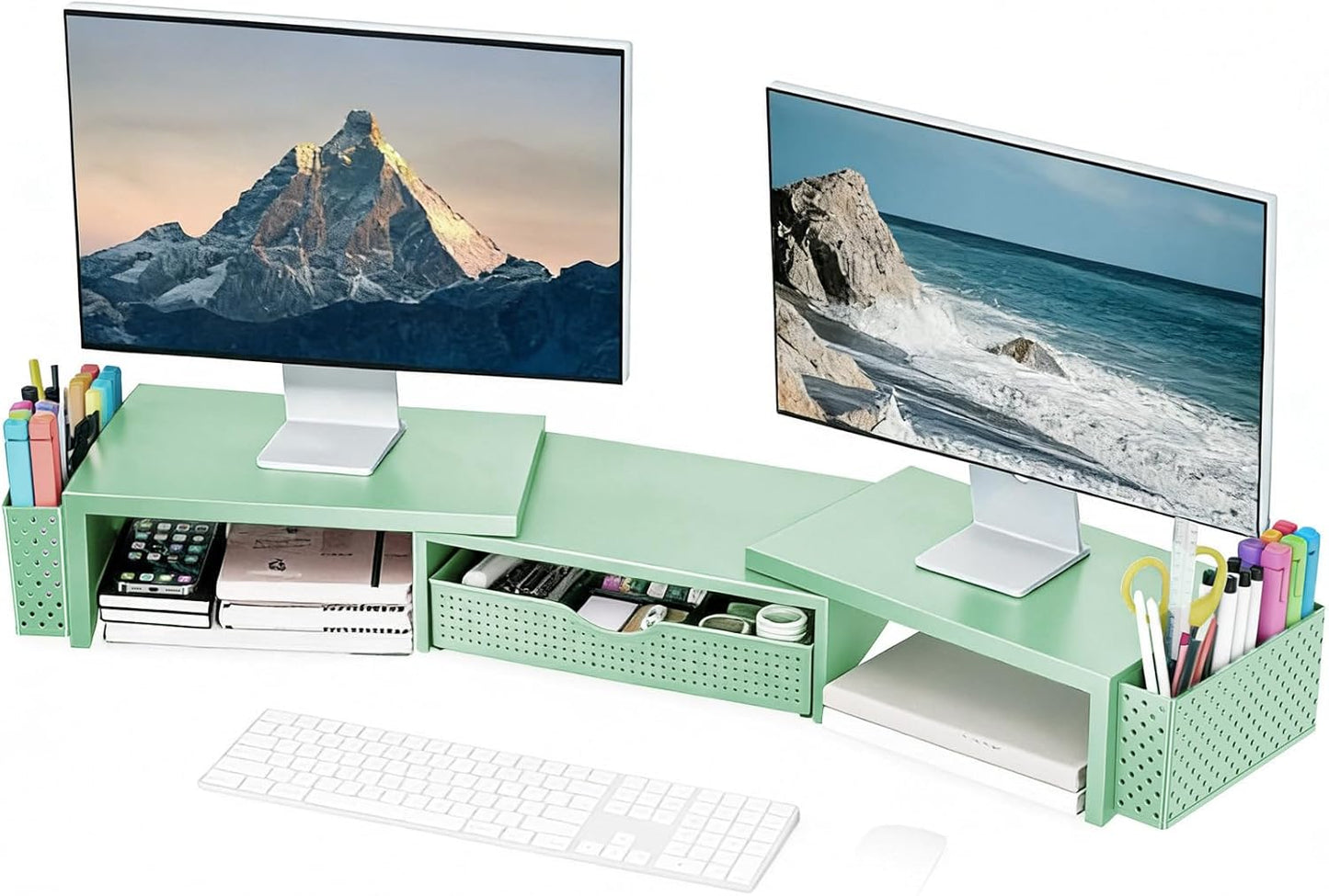 Spacrea Metal Desk Organizers and Accessories, Dual Monitor Stand Riser with Drawer and 2 Pen Holders, Desk Accessories & Workspace Desktop Organizers for Office Supplies (Wood)