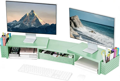 Spacrea Metal Desk Organizers and Accessories, Dual Monitor Stand Riser with Drawer and 2 Pen Holders, Desk Accessories & Workspace Desktop Organizers for Office Supplies (Wood)