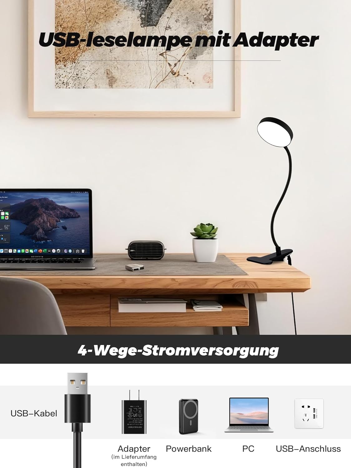 Clip on Light,10 RGB Colors+10 Brightness Clip on Desk Lamp with Clamp, 500 Lumen Bright 72 LED Desk Light, USB Adapter Reading Lights for Books in Bed/Headboard/Bedside Table/Bedroom/Dorm/Home Office