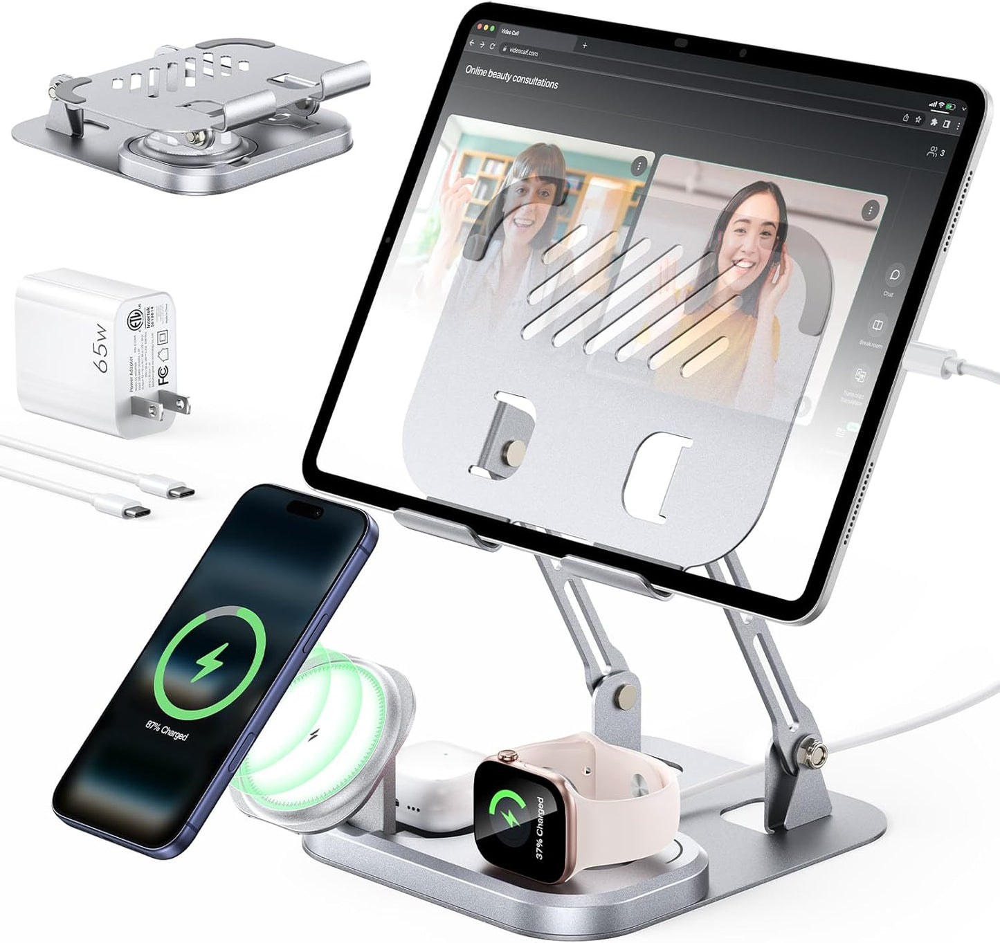 Meifigno 65W 5 in 1 Charging Station for Apple Multiple Devices, with 30W Fast Wired Charging Stand for iPad/Tab, Foldable Wireless Charger Design for Magsafe Charger for iPhone 17 16 /iWatch/AirPods