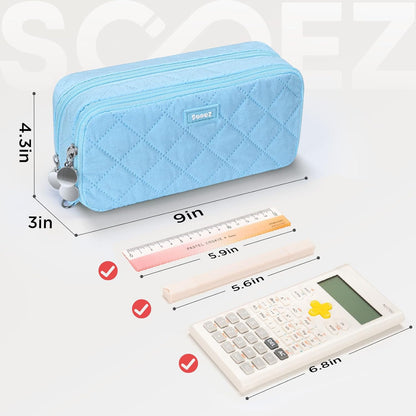 Sooez Large Pencil Case Pouch, Extra Big Pencil Bag with 8 Compartments, Pen Bag Wide Opening, Soft Quilted Pencil Pouch Organizer with Zipper, Portable Pencil Case for Teen Girls, Pink