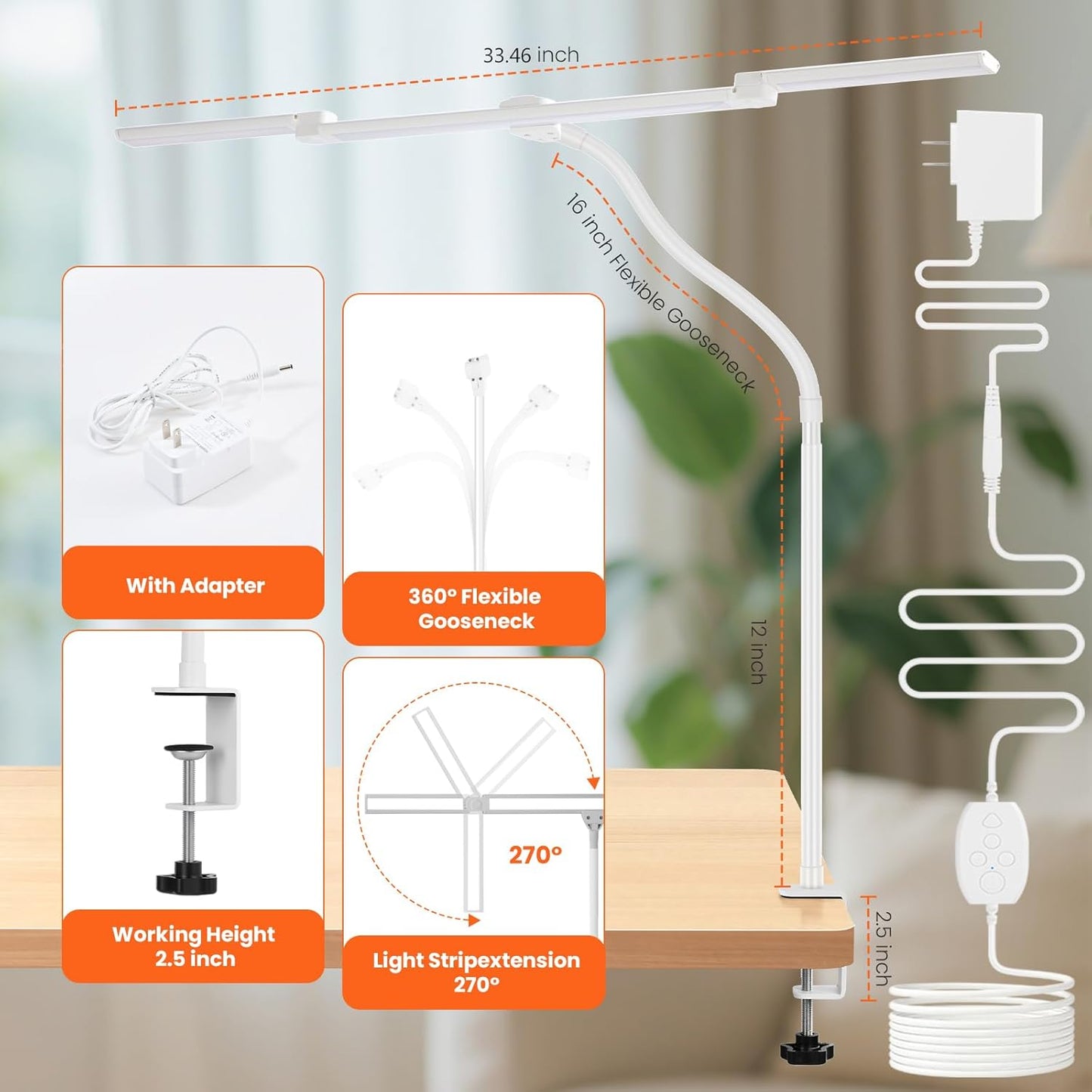 LED Desk Lamp for Office Home, 3 Light Bar Adjustable Desk Light with Clamp, Architect Table Lamp Computer Monitor Lighting, Stepless Dimming Eye-Caring Clip on Light for Workbench Reading Study Black