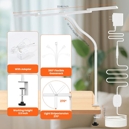 LED Desk Lamp for Office Home, 3 Light Bar Adjustable Desk Light with Clamp, Architect Table Lamp Computer Monitor Lighting, Stepless Dimming Eye-Caring Clip on Light for Workbench Reading Study Black