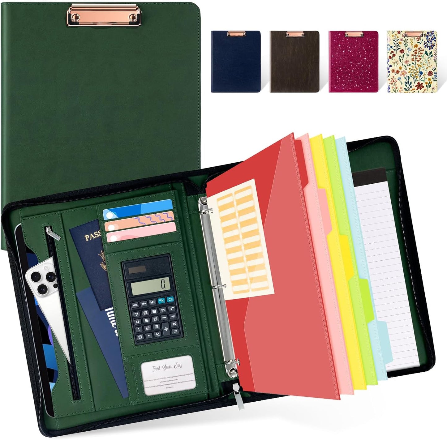 Ospelelf Zippered Padfolio Portfolio Folder, Leather Clipboard with Storage, 3 Ring Binder 1 Inch,12.1” Tablet Sleeve, 5 Dividers with Pocket, Refillable Notepad, Card Slot (Classic Black)