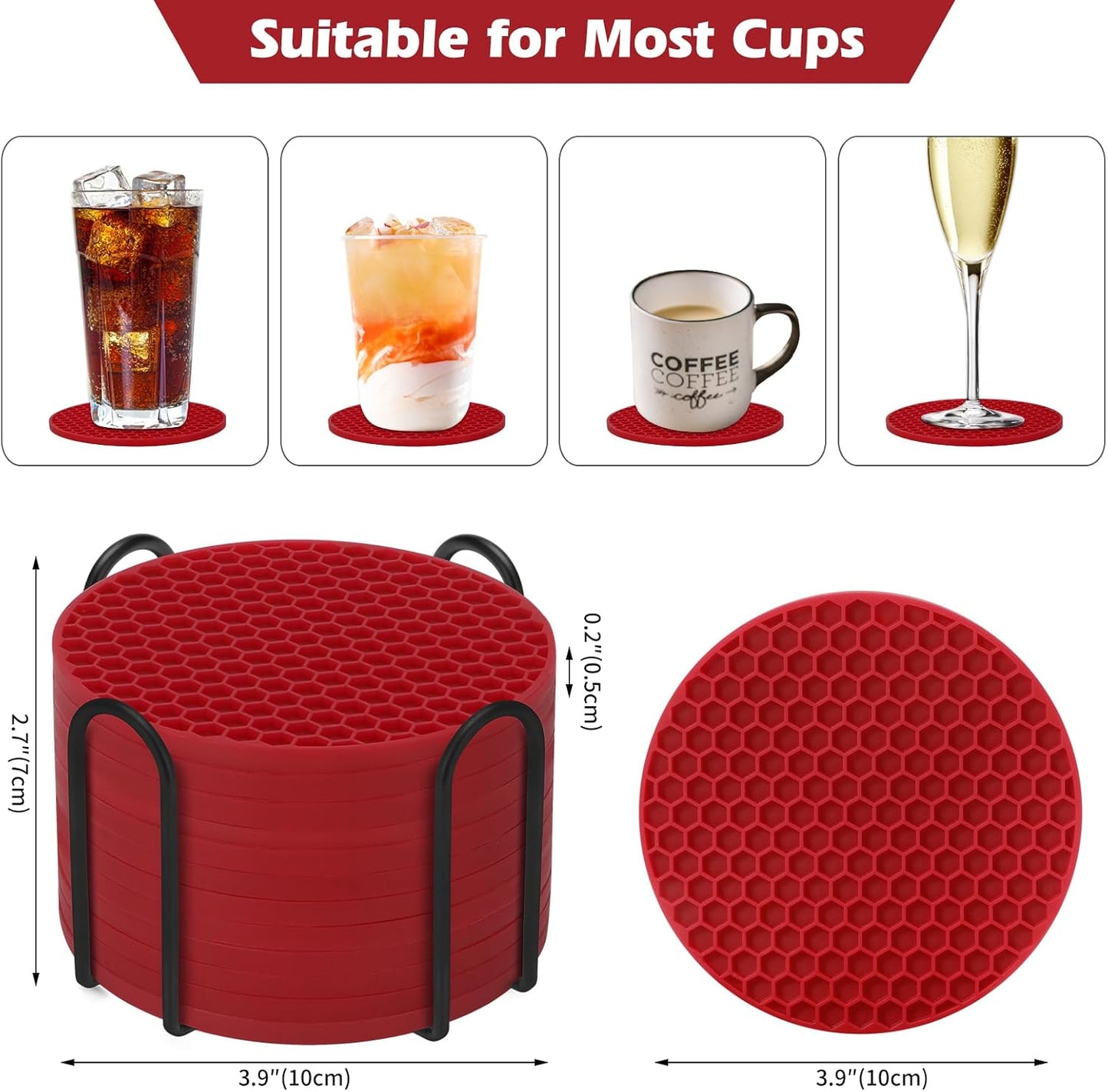 TWTLi Silicone Coasters Set of 8 with Holder,Coasters for Drinks,Beer,Coffee Coasters,Suitable for Kinds Cups,Hot or Cold,Anti-SLI,Non-Stick,Anti-Overflow Tabletop Protection and Decor (8 Pcs, Black)
