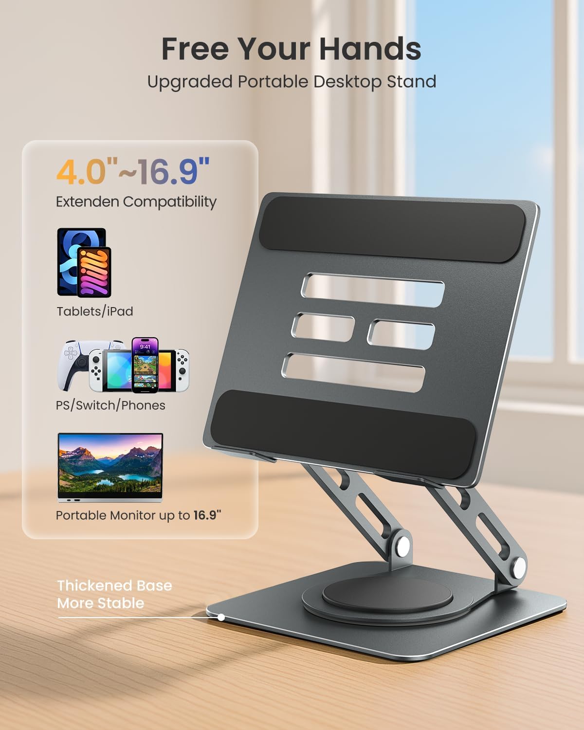 LOXP Adjustable Tablet Stand, 360 Rotating iPad Stand with Heavy-Duty Base, Tablet Holder Compatible with 4.7-16.9" Device, iPad Pro Air Mini, Kindle, Surface Tablet, Portable Monitors - Black