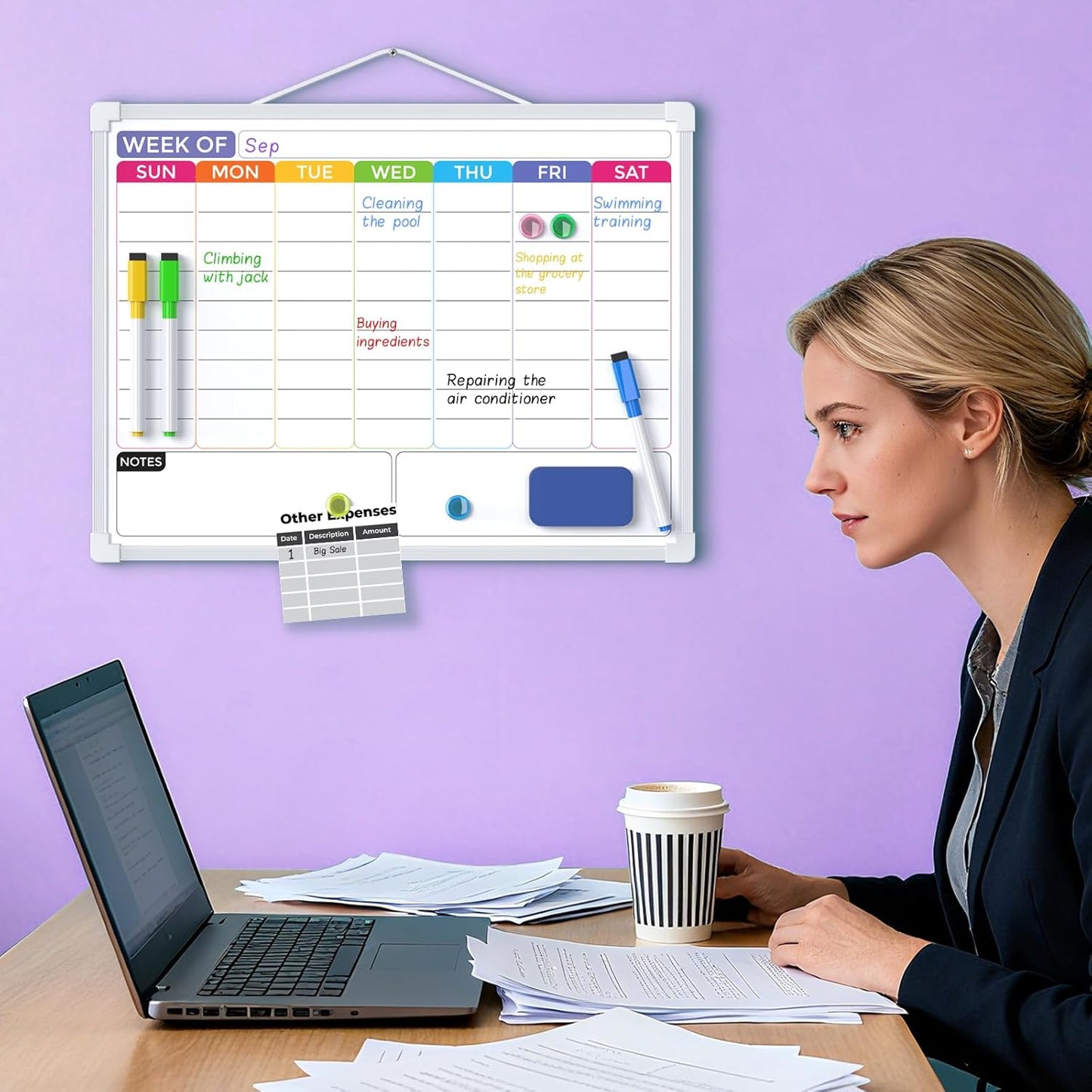 MaxGear Weekly Calendar Dry Erase Board for Wall, 16"x12" Small Hanging Double-Sided White Board with 5 Markers & 4 Magnets, Portable Whiteboard for Students - Planning, Drawing, Memo, to Do List